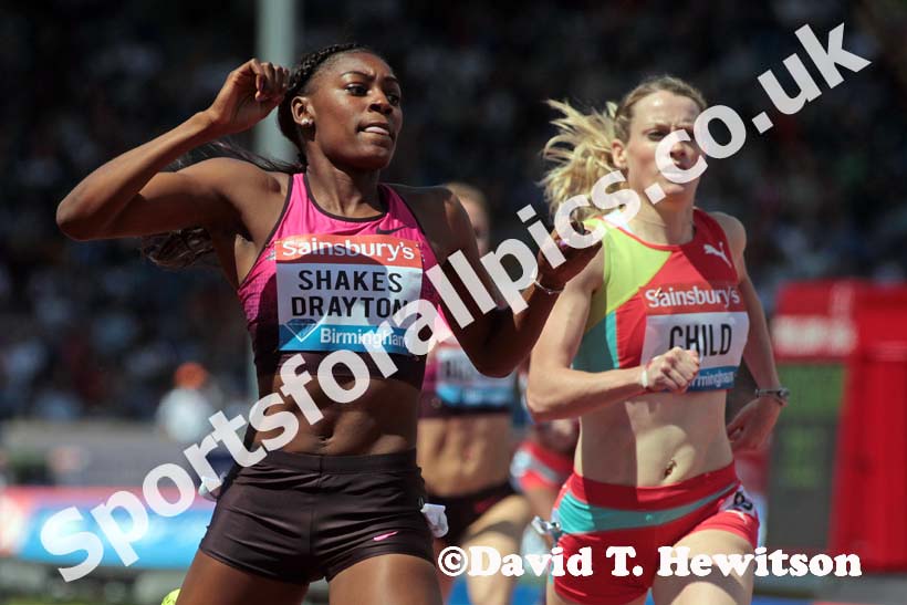 Perri Shakes-Drayton beats Eilidh Child in the 400 metres hurdles in the IAAF Diamond League, Birmingham.